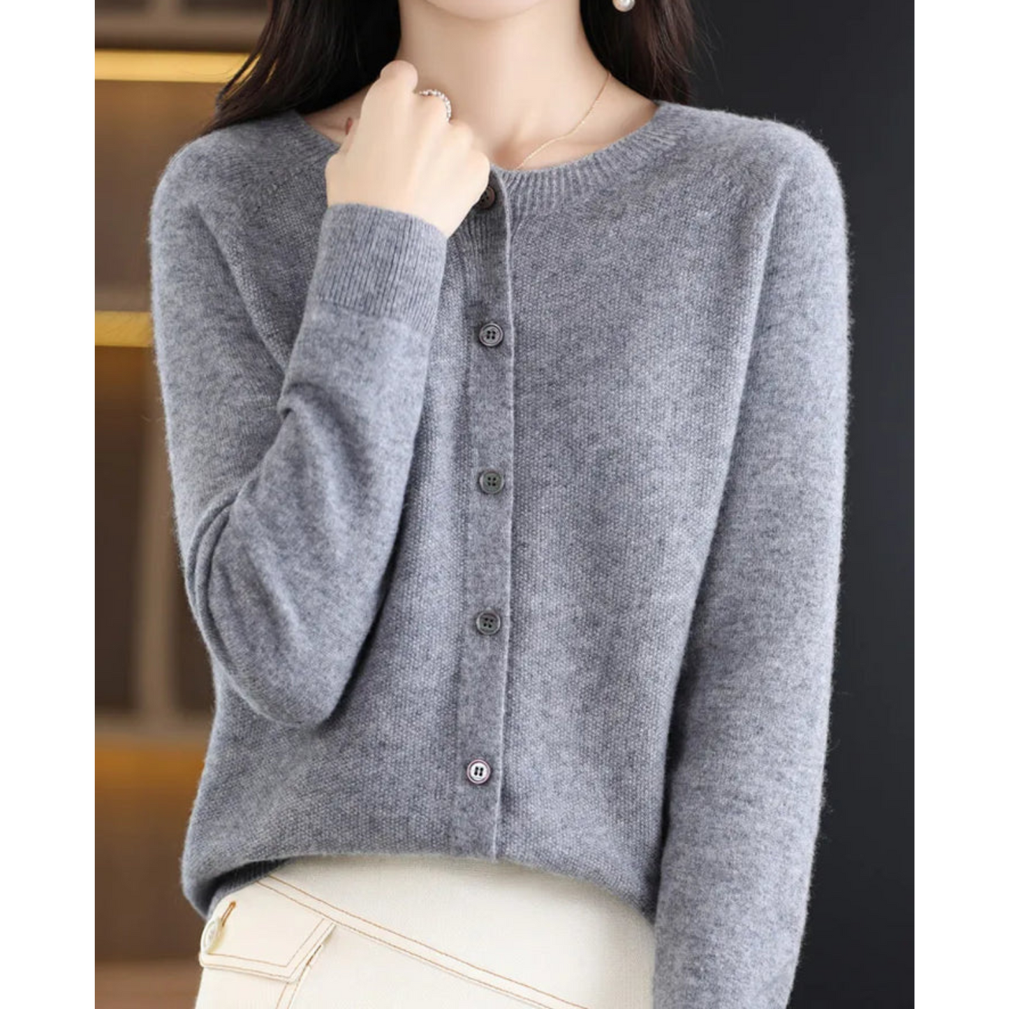 Dames Cardigan met O-hals en Lange Mouwen Grijs
