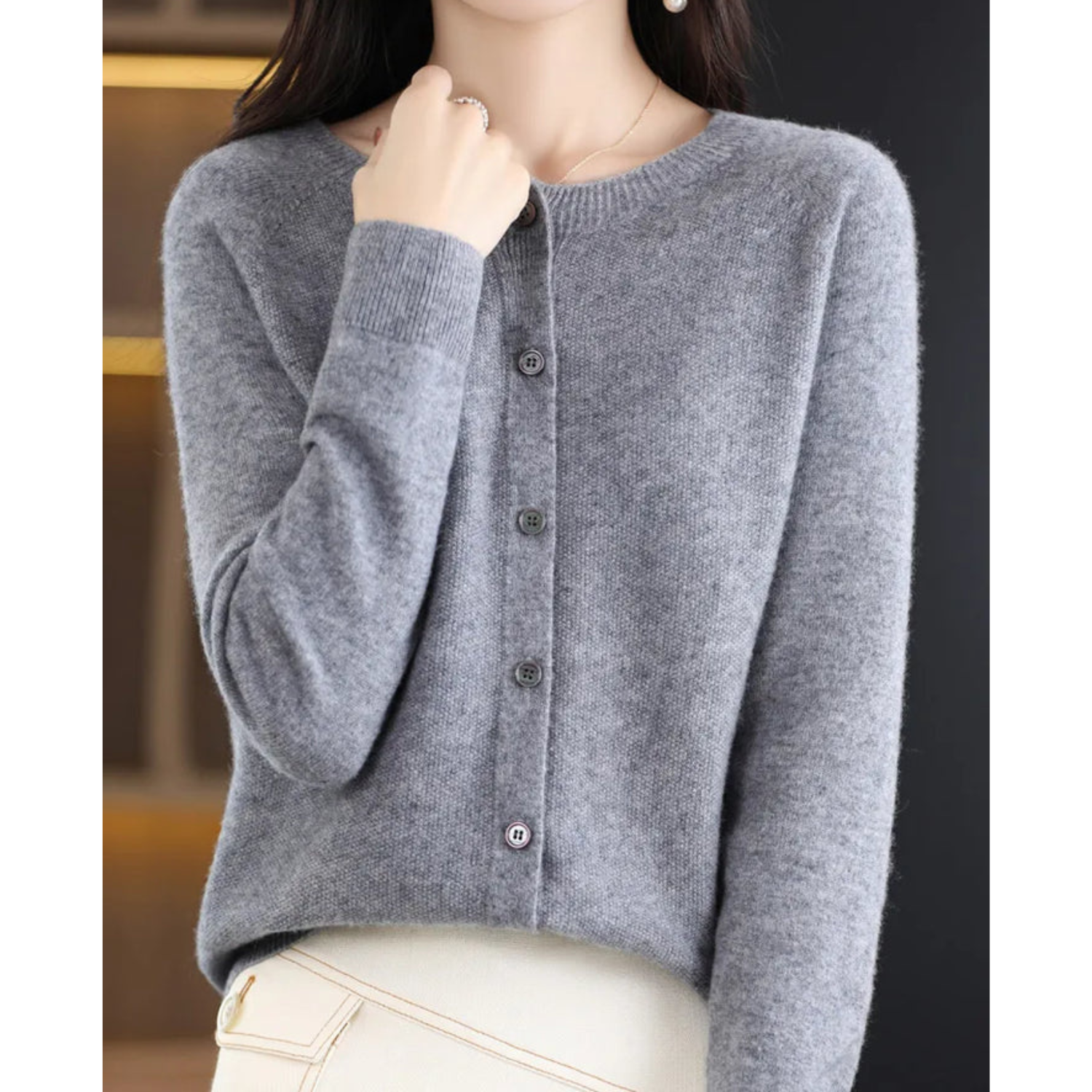 Dames Cardigan met O-hals en Lange Mouwen Grijs