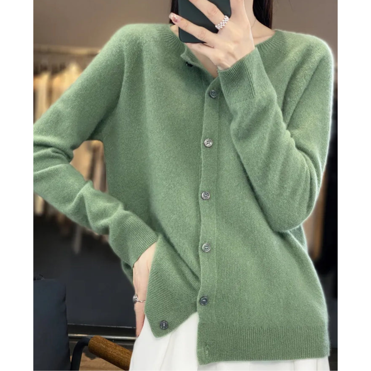 Dames Cardigan met O-hals en Lange Mouwen Lichtgroen