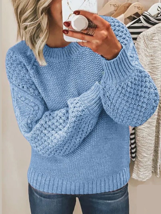 Dames Trui Lange Mouw met Ronde Hals en Structuurmouwen Lichtblauw