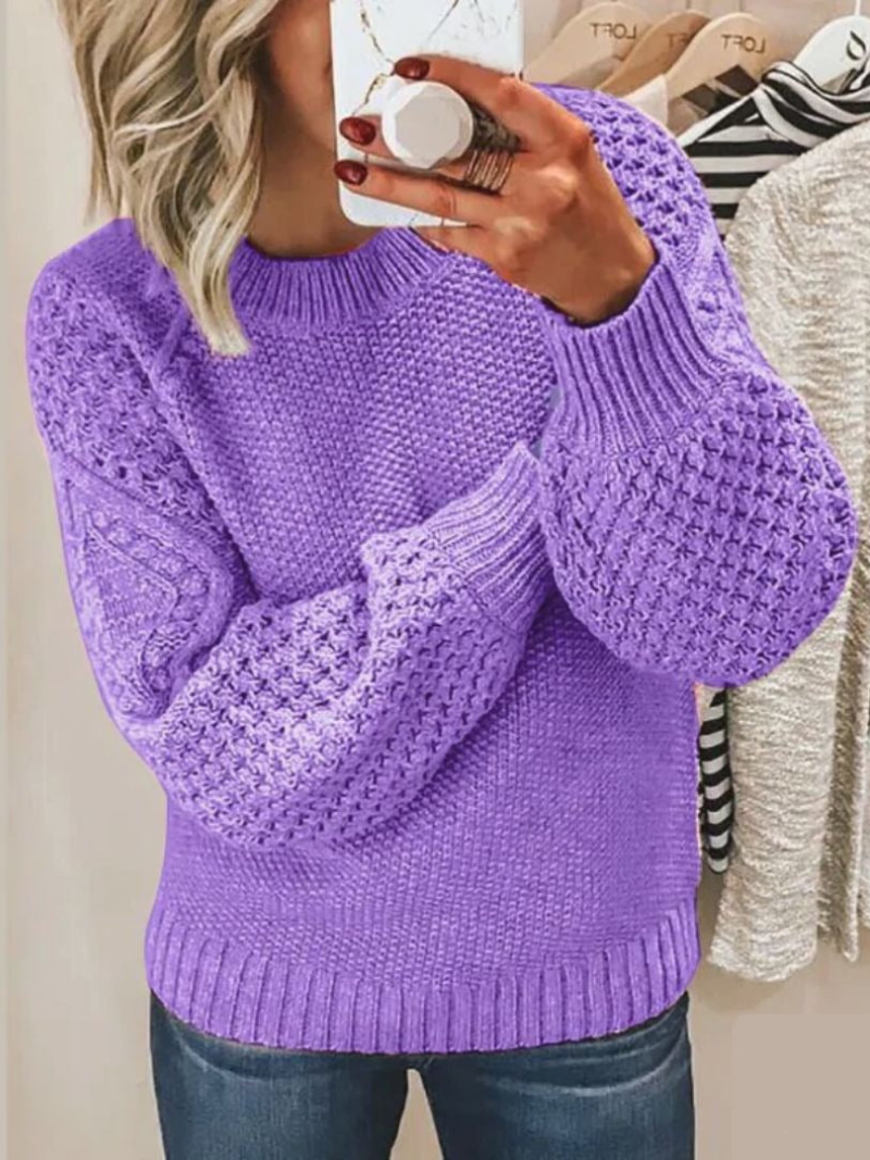 Dames Trui Lange Mouw met Ronde Hals en Structuurmouwen Paars
