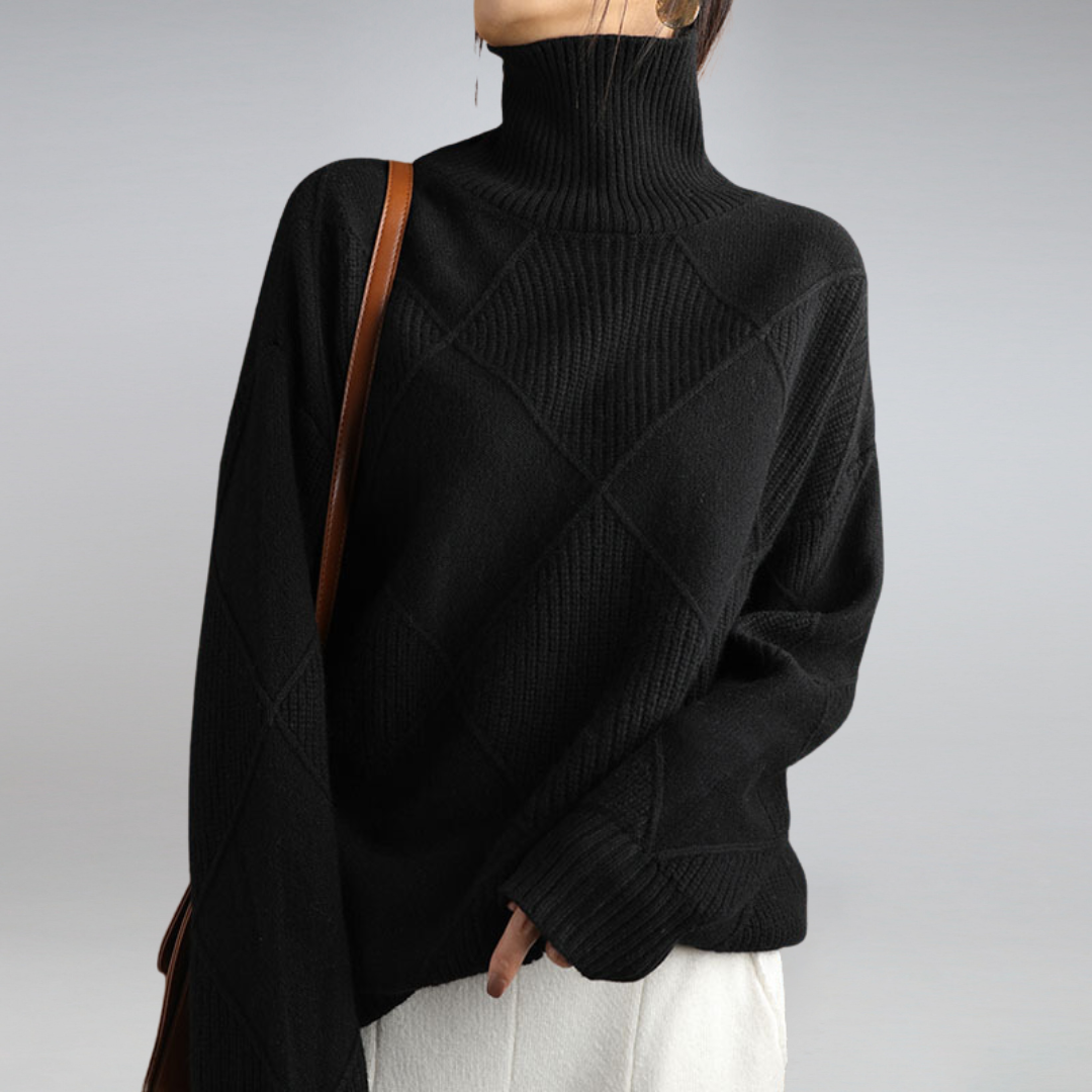 Dames Coltrui - Warme Gebreide Pullover met Ruitpatroon Zwart