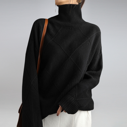 Dames Coltrui - Warme Gebreide Pullover met Ruitpatroon Zwart