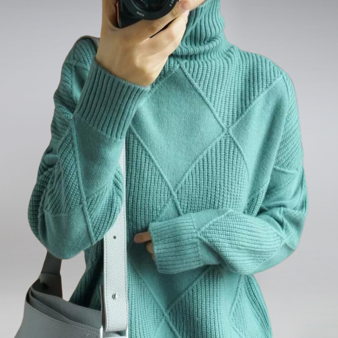 Dames Coltrui - Warme Gebreide Pullover met Ruitpatroon Turquoise