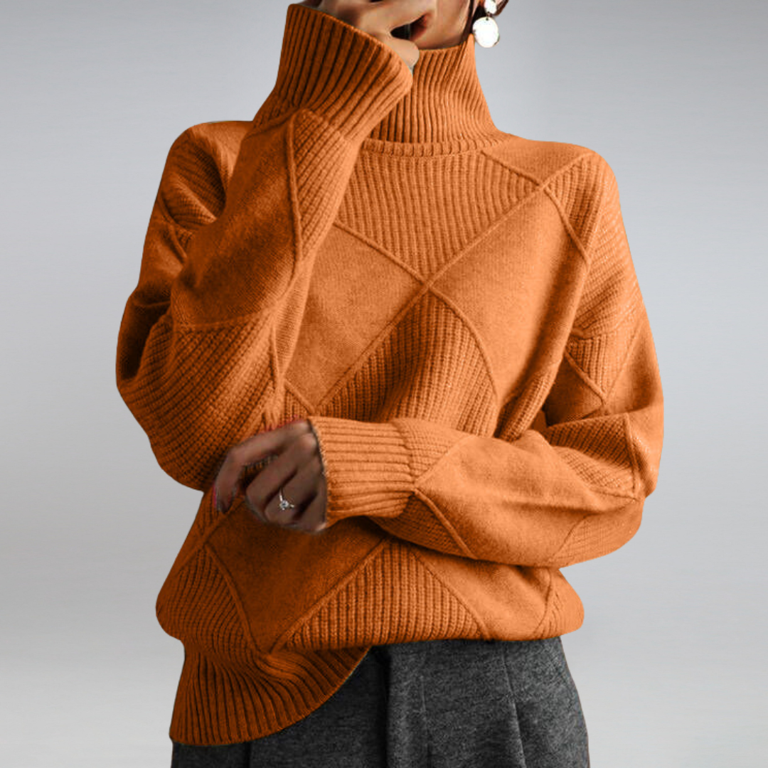 Dames Coltrui - Warme Gebreide Pullover met Ruitpatroon Oranje