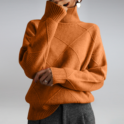 Dames Coltrui - Warme Gebreide Pullover met Ruitpatroon Oranje