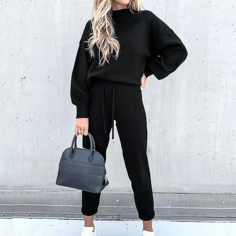 Dames 2-Delige Huispak Loungeset met Trui en Broek Zwart