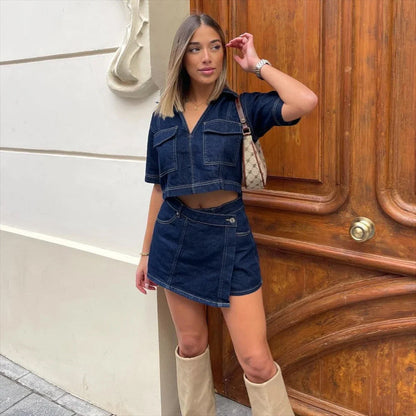Dames Co-ord Set met V-hals Spijkerjasje en Rok Donkerblauw
