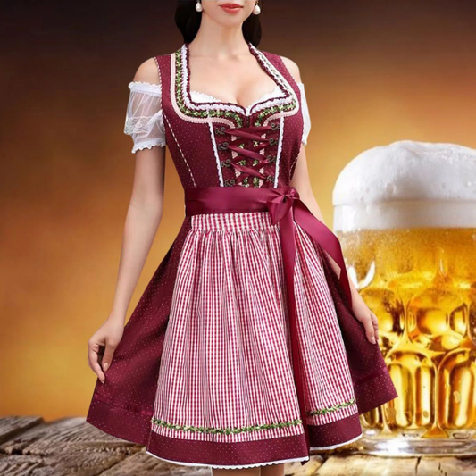 Dames Dirndl Oktoberfest Jurk met Strik Bordeauxrood
