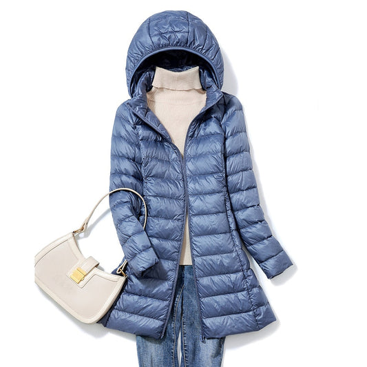 Dames Lange Puffer Winterjas met Capuchon Blauw