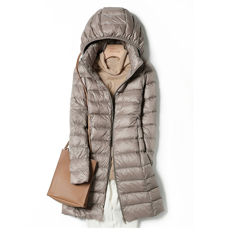 Dames Lange Puffer Winterjas met Capuchon Beige