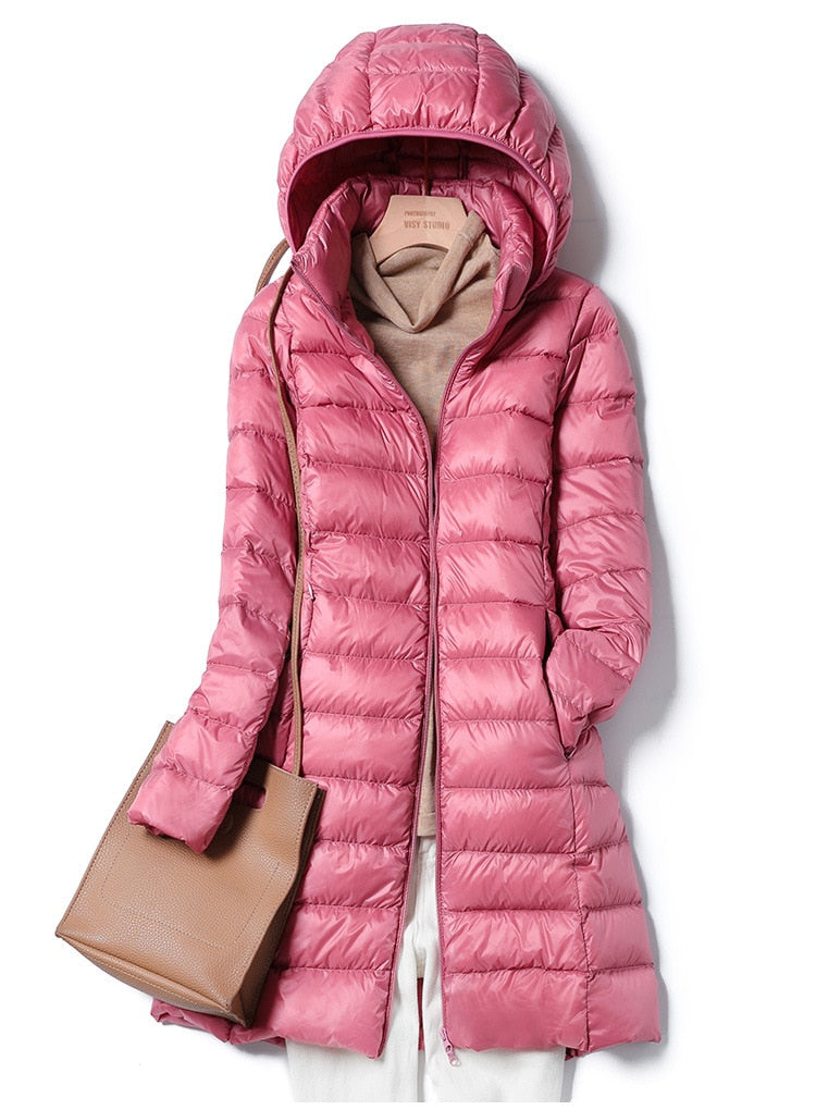 Dames Lange Puffer Winterjas met Capuchon Roze