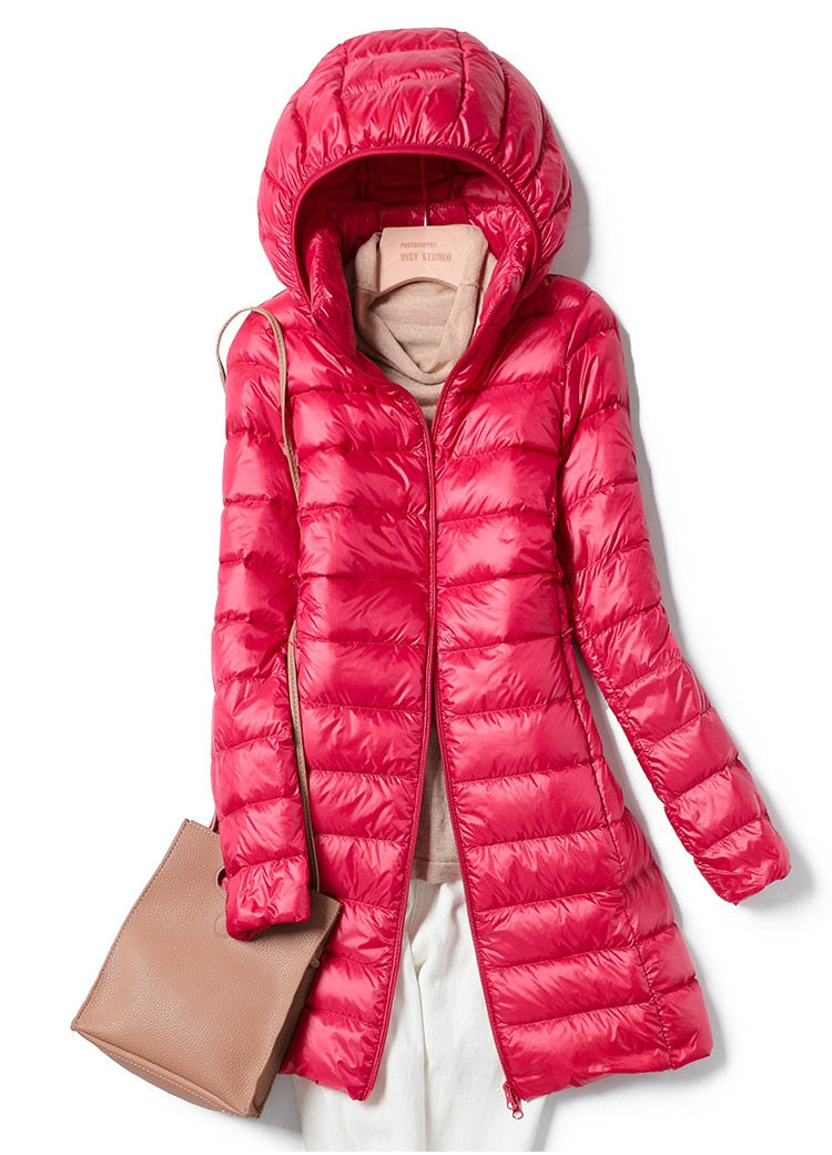 Dames Lange Puffer Winterjas met Capuchon Donkerroze
