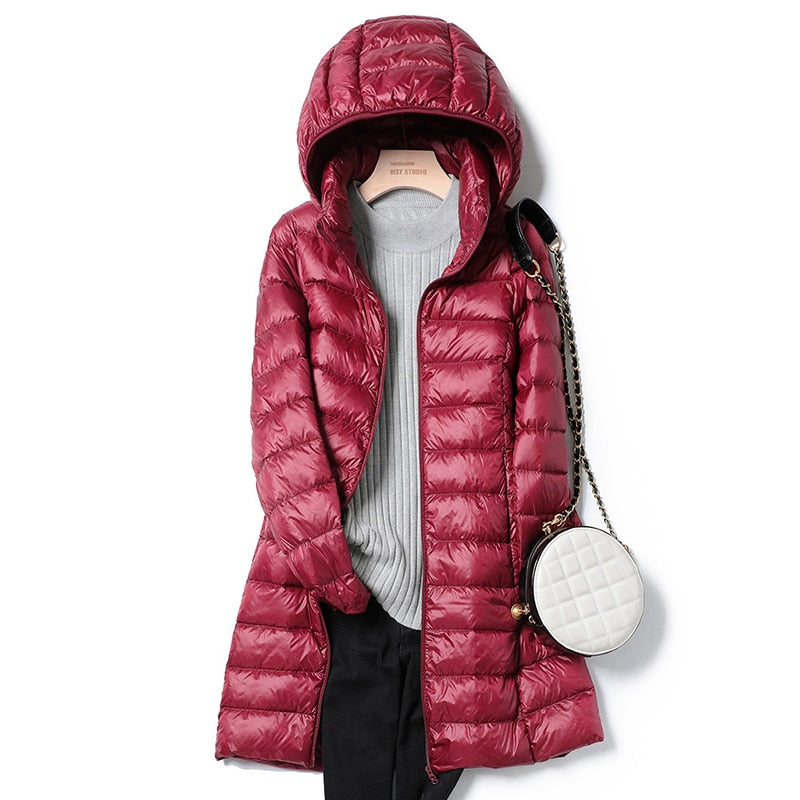 Dames Lange Puffer Winterjas met Capuchon Bordeauxrood