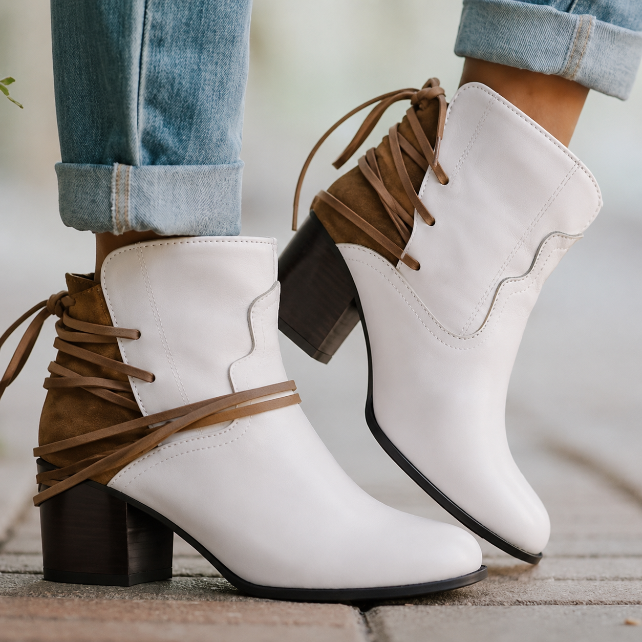 Dames Enkellaarsjes met Blokhak En Puntige Neus Beige