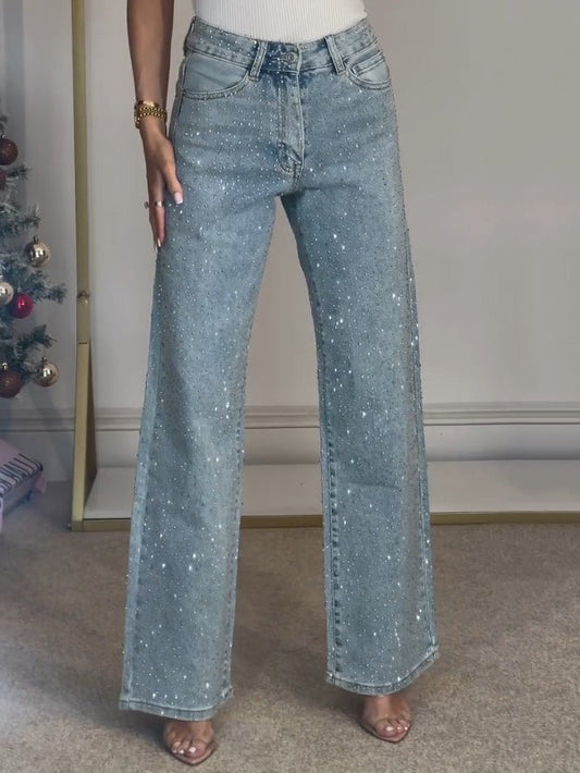 Dames Lange Flared Broek met Glinsterende Details en Hoge Taille