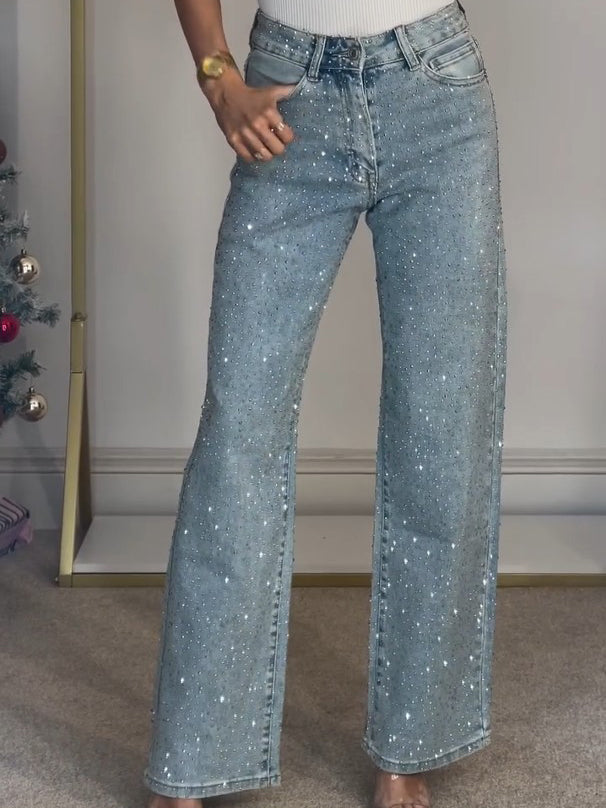 Dames Lange Flared Broek met Glinsterende Details en Hoge Taille