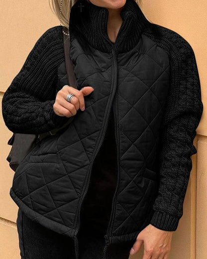 Dames Jas met Gewatteerd Lichaam en Gebreide Mouwen voor Herfst en Winter Zwart