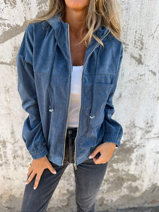Dames Vest Corduroy met Capuchon en Lange Mouw Blauw