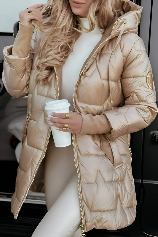 Dames Gewatteerde Winterjas Lang met Capuchon en Glanzende Look Beige