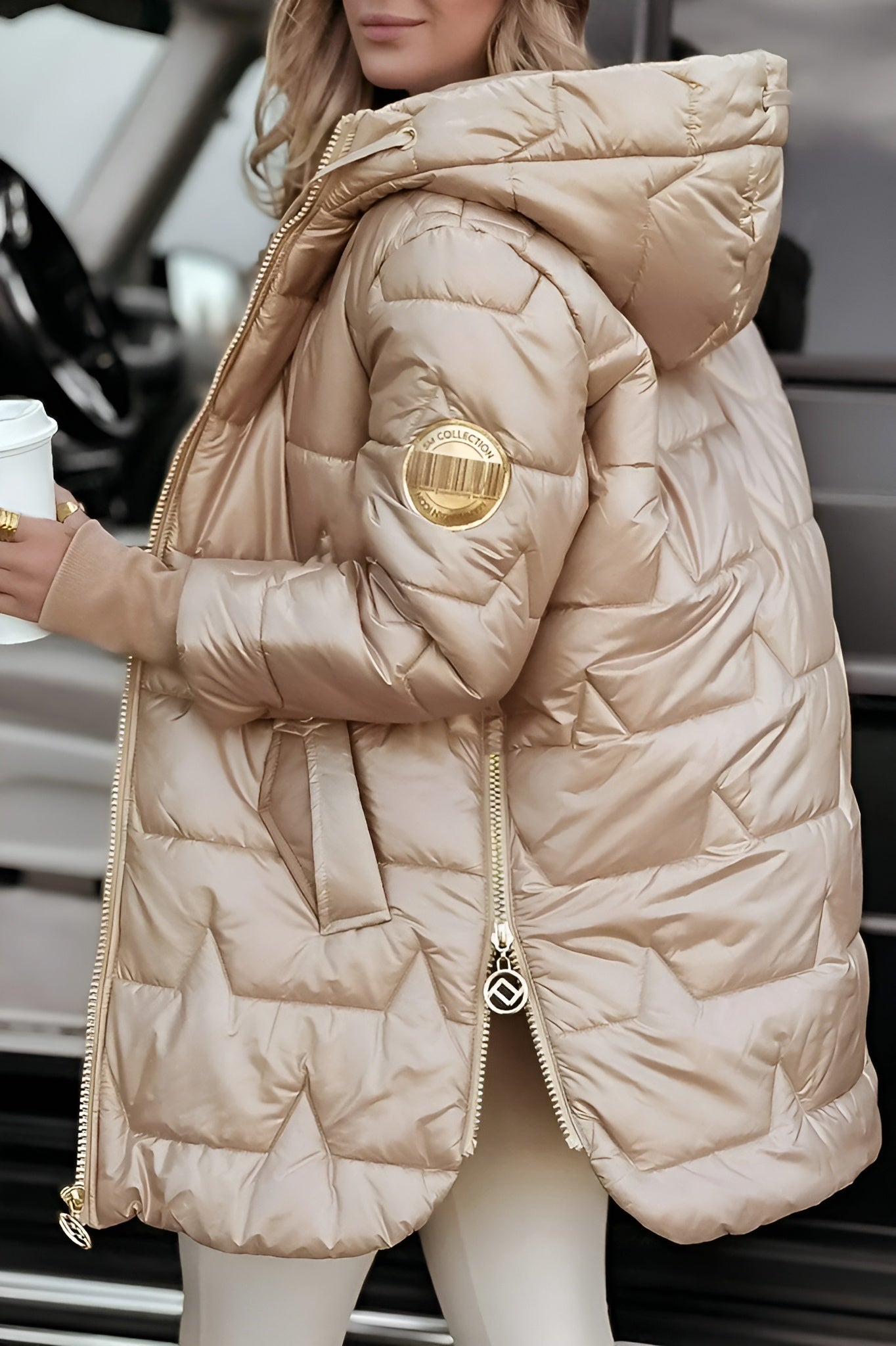 Dames Gewatteerde Winterjas Lang met Capuchon en Glanzende Look