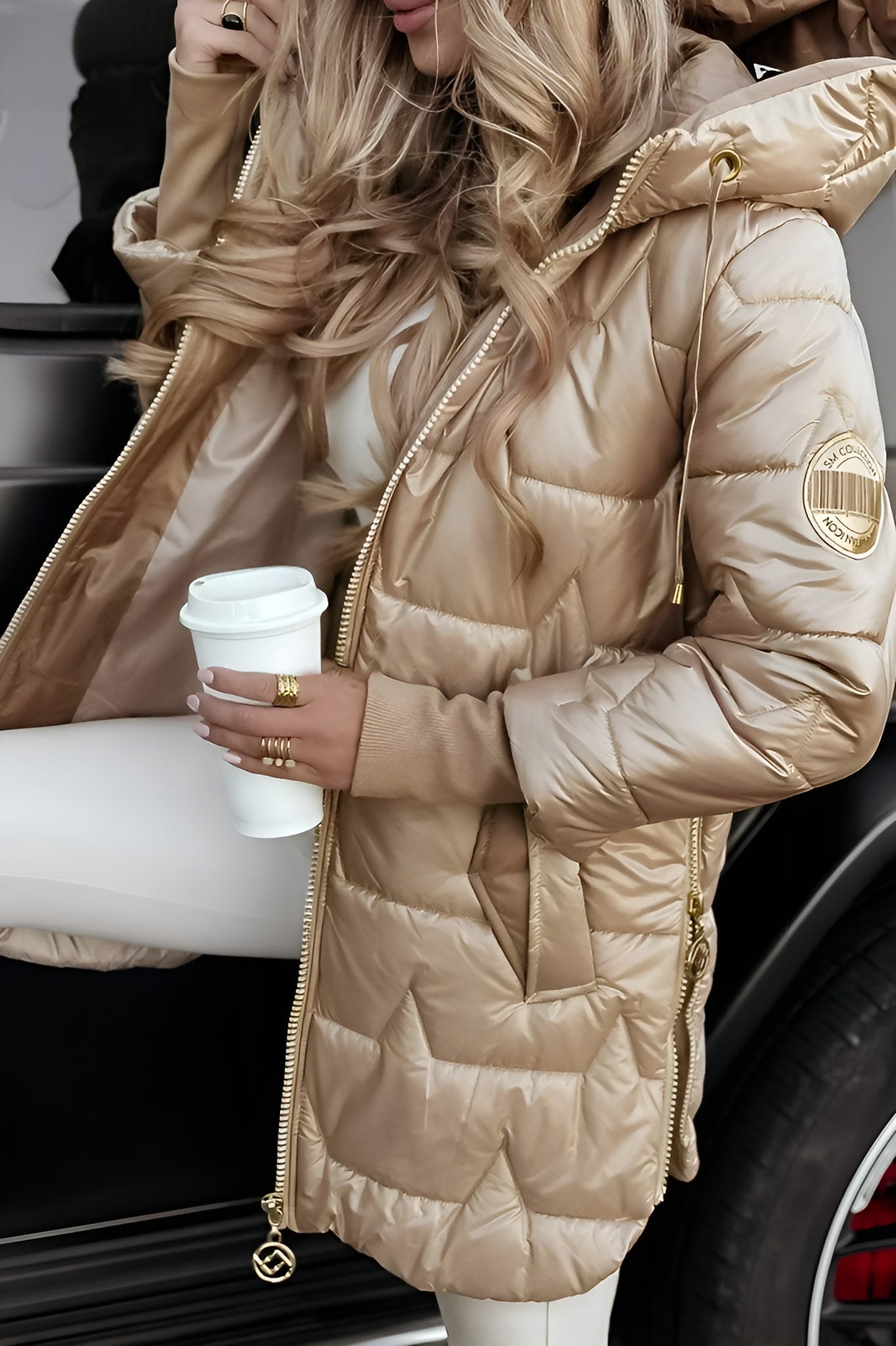 Dames Gewatteerde Winterjas Lang met Capuchon en Glanzende Look