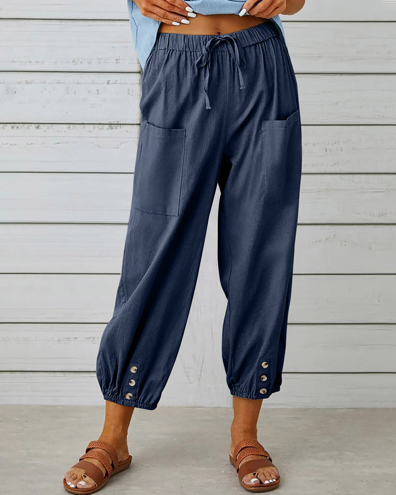 Dames Broek met Hoge Taille, Rechte Pijpen en Knoopdetails Marineblauw