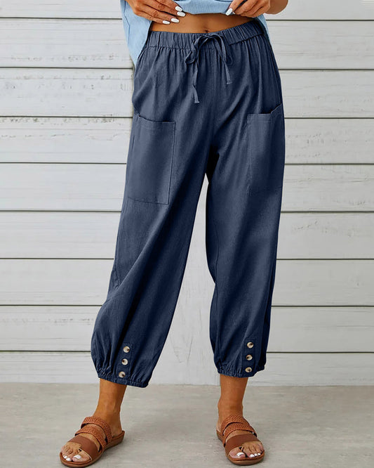 Dames Broek met Hoge Taille, Rechte Pijpen en Knoopdetails Marineblauw