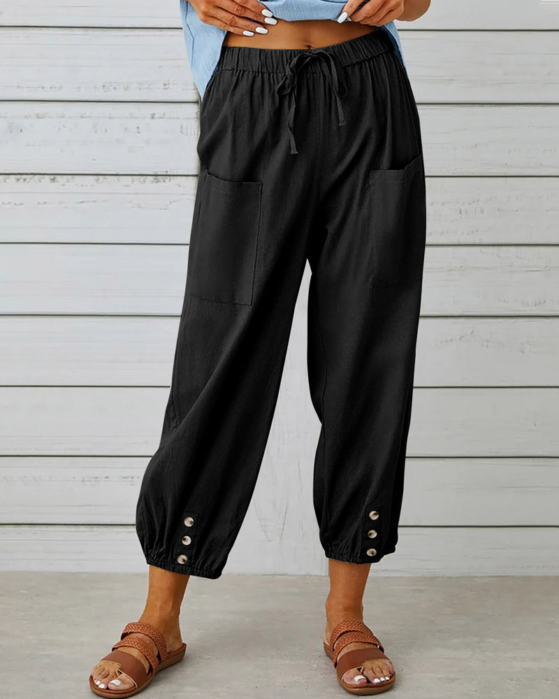 Dames Broek met Hoge Taille, Rechte Pijpen en Knoopdetails Zwart