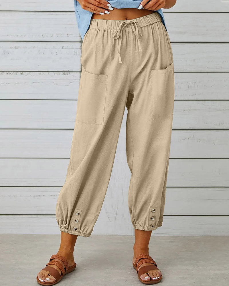 Dames Broek met Hoge Taille, Rechte Pijpen en Knoopdetails Khaki