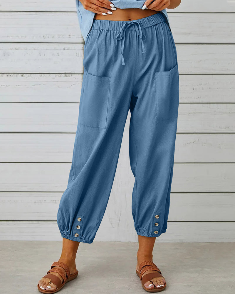 Dames Broek met Hoge Taille, Rechte Pijpen en Knoopdetails Lichtblauw