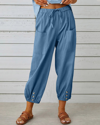 Dames Broek met Hoge Taille, Rechte Pijpen en Knoopdetails Lichtblauw