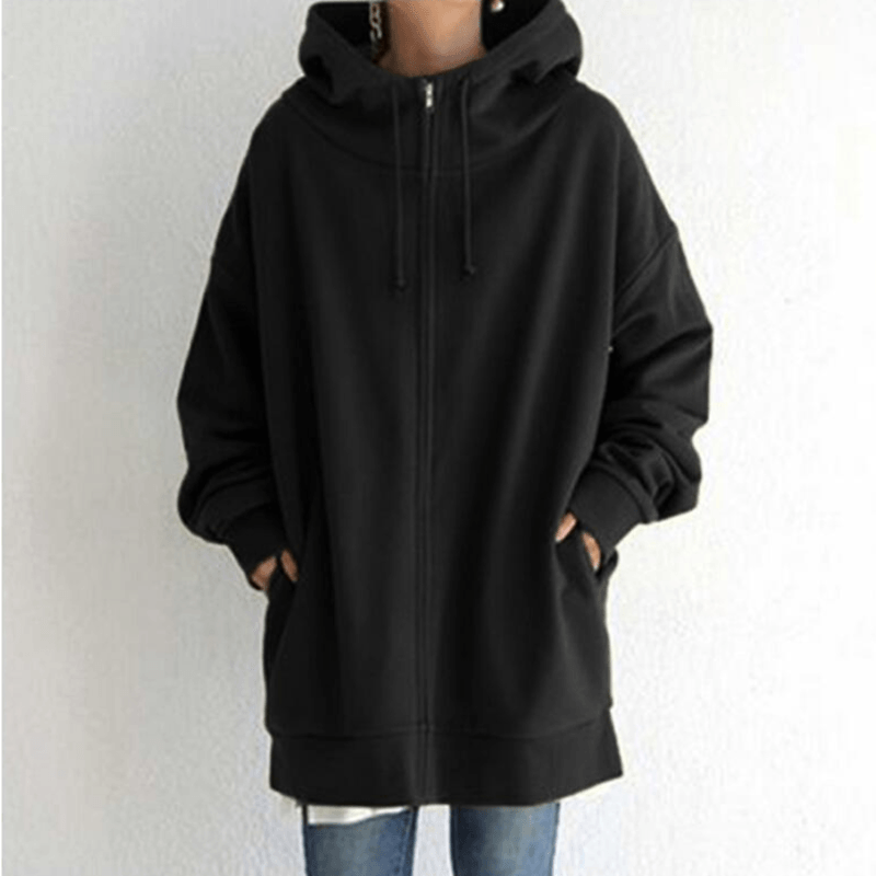 Dames Lange Hoodie met Capuchon en Zijzakken Zwart