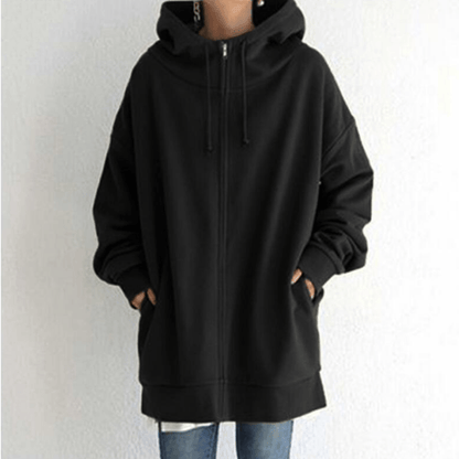 Dames Lange Hoodie met Capuchon en Zijzakken Zwart