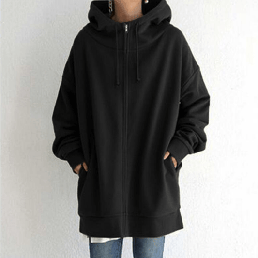 Dames Lange Hoodie met Capuchon en Zijzakken Zwart