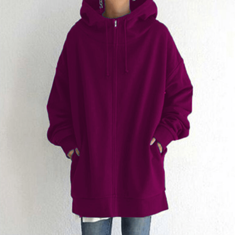 Dames Lange Hoodie met Capuchon en Zijzakken Roze rood