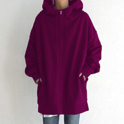 Dames Lange Hoodie met Capuchon en Zijzakken Roze rood