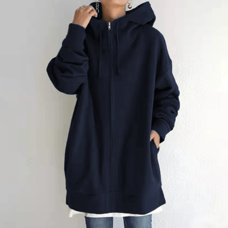 Dames Lange Hoodie met Capuchon en Zijzakken Donkerblauw