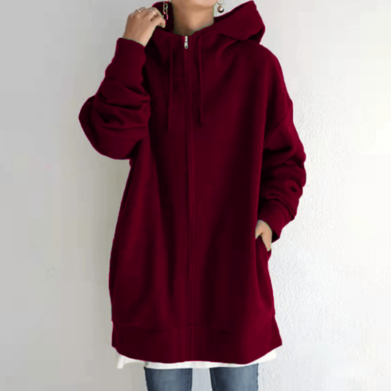 Dames Lange Hoodie met Capuchon en Zijzakken Wijn rood