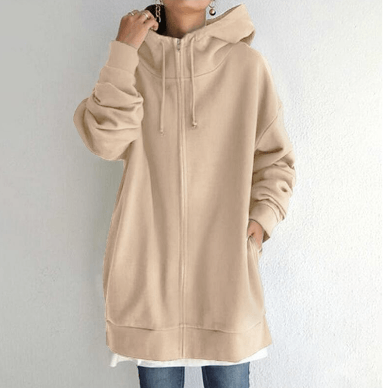 Dames Lange Hoodie met Capuchon en Zijzakken Khaki