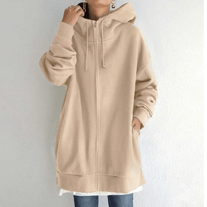 Dames Lange Hoodie met Capuchon en Zijzakken Khaki