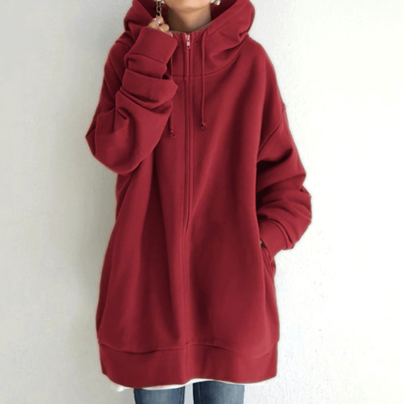 Dames Lange Hoodie met Capuchon en Zijzakken Rood