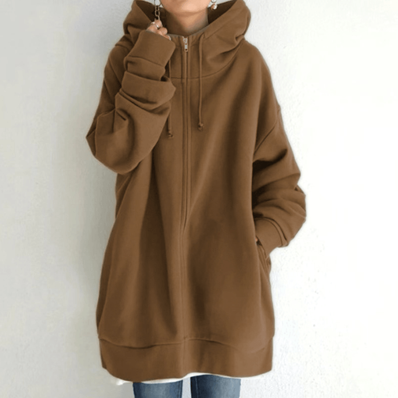 Dames Lange Hoodie met Capuchon en Zijzakken Bruin