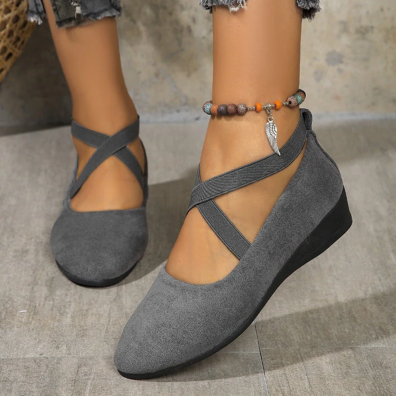 Dames Ballerina Instapschoenen met Kruisband en Sleehak Grijs