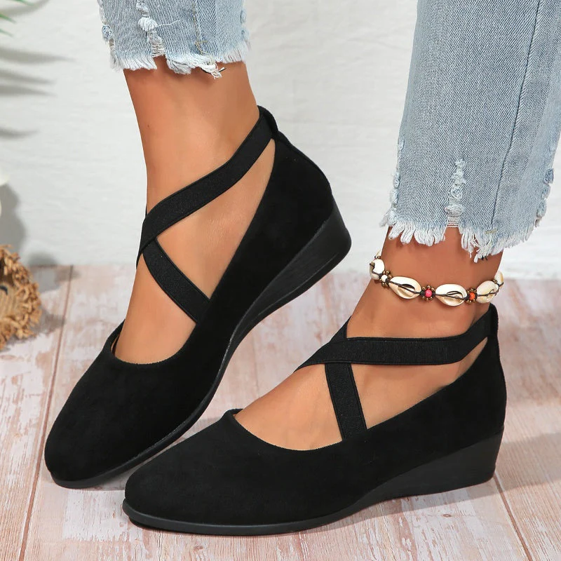 Dames Ballerina Instapschoenen met Kruisband en Sleehak Zwart