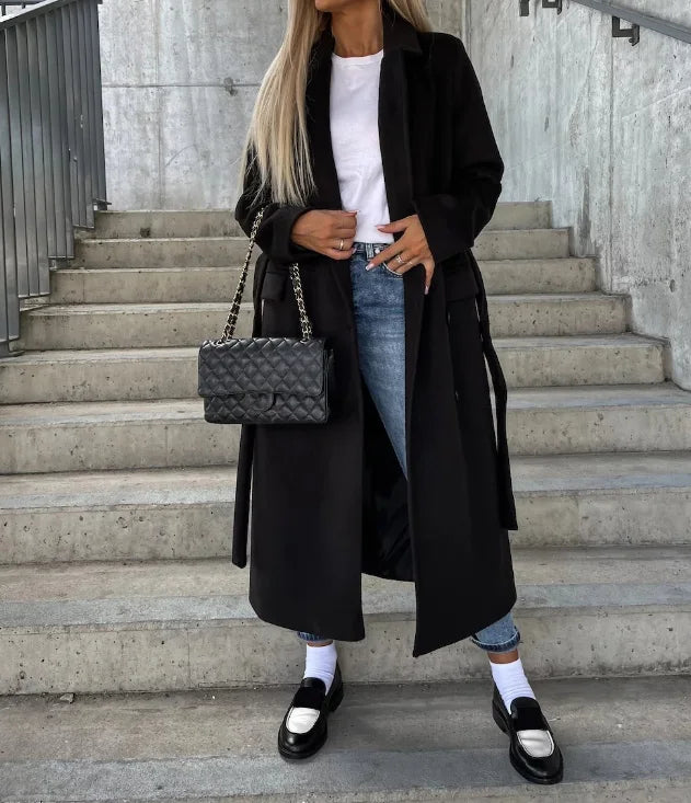 Dames Lange Trenchcoat met Dubbele Rij Knopen Zwart