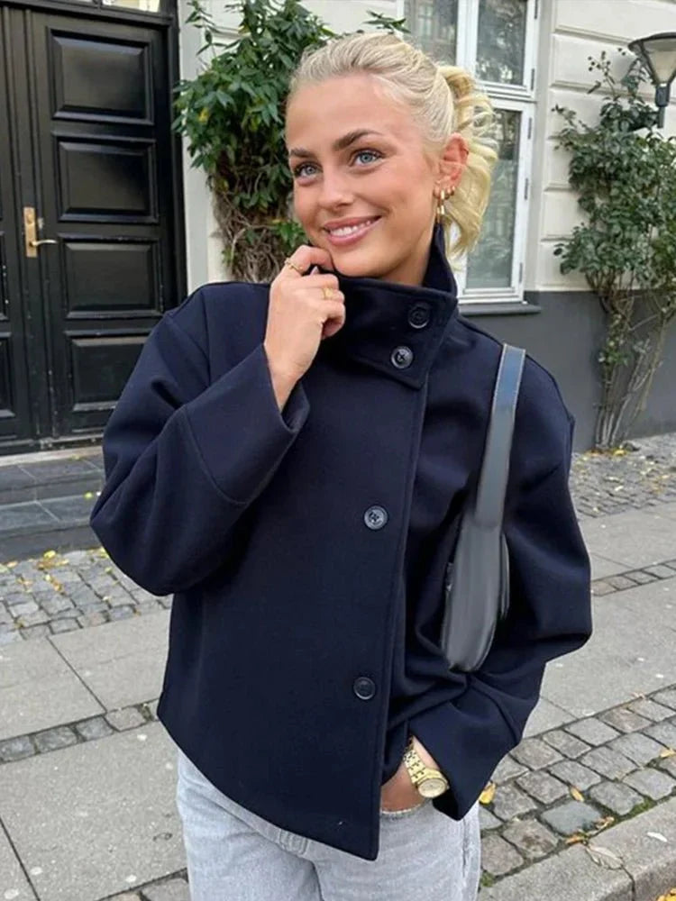 Dames Korte Winterjas met Opstaande Kraag en Enkelrijige Sluiting Marineblauw M