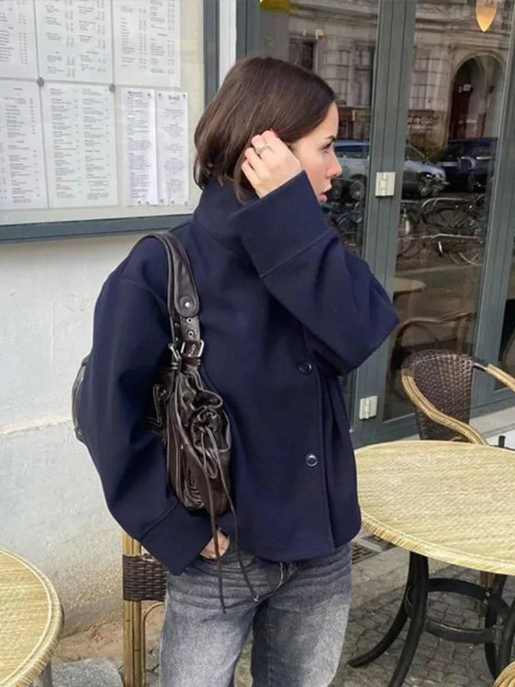 Dames Korte Winterjas met Opstaande Kraag en Enkelrijige Sluiting Marineblauw L