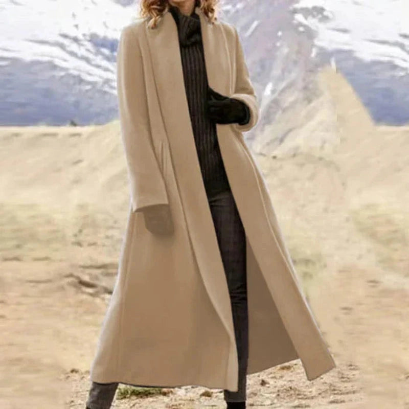 Dames Lange Mantel Winterjas met Recht Silhouet en Open Voorzijde Beige