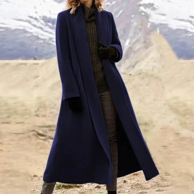 Dames Lange Mantel Winterjas met Recht Silhouet en Open Voorzijde Blauw